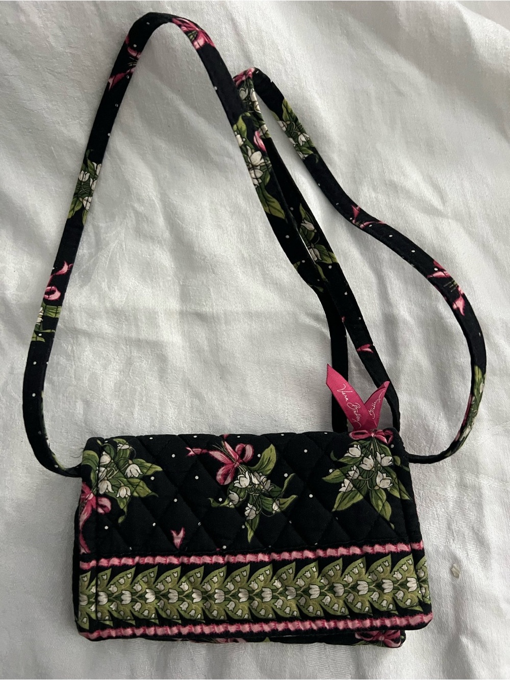 Vera Bradley Black Quilted Floral Crossbody with Pink & Green Trim